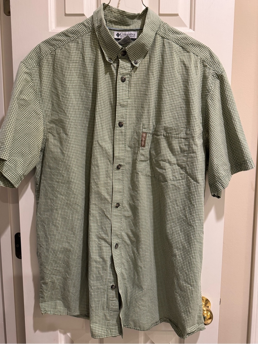 Columbia Light Green and White Short-Sleeve Button-Down Shirt